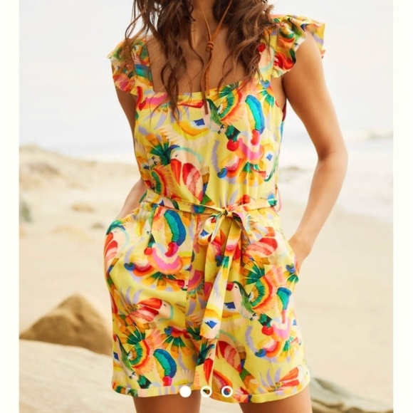 FARM Rio for Anthropologie Romper Yellow Tropical Toucan Print Size Small - Picture 8 of 17